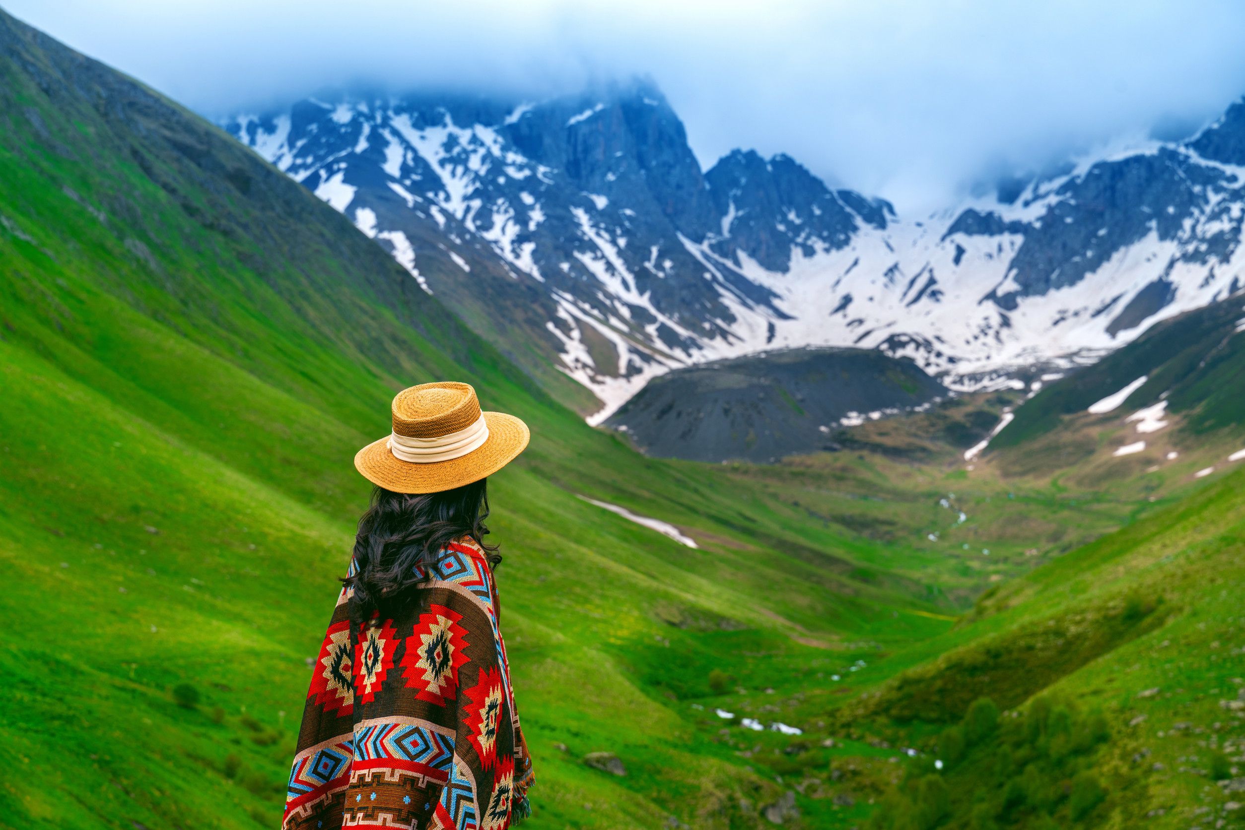 Tourist Enjoying View of Mountain Valley Landscape in Juta, Georgia