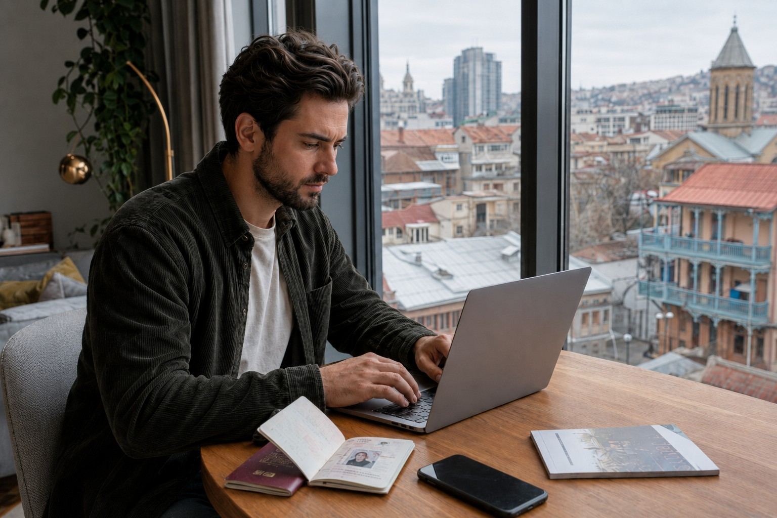 Man Working With His Laptop And Passport