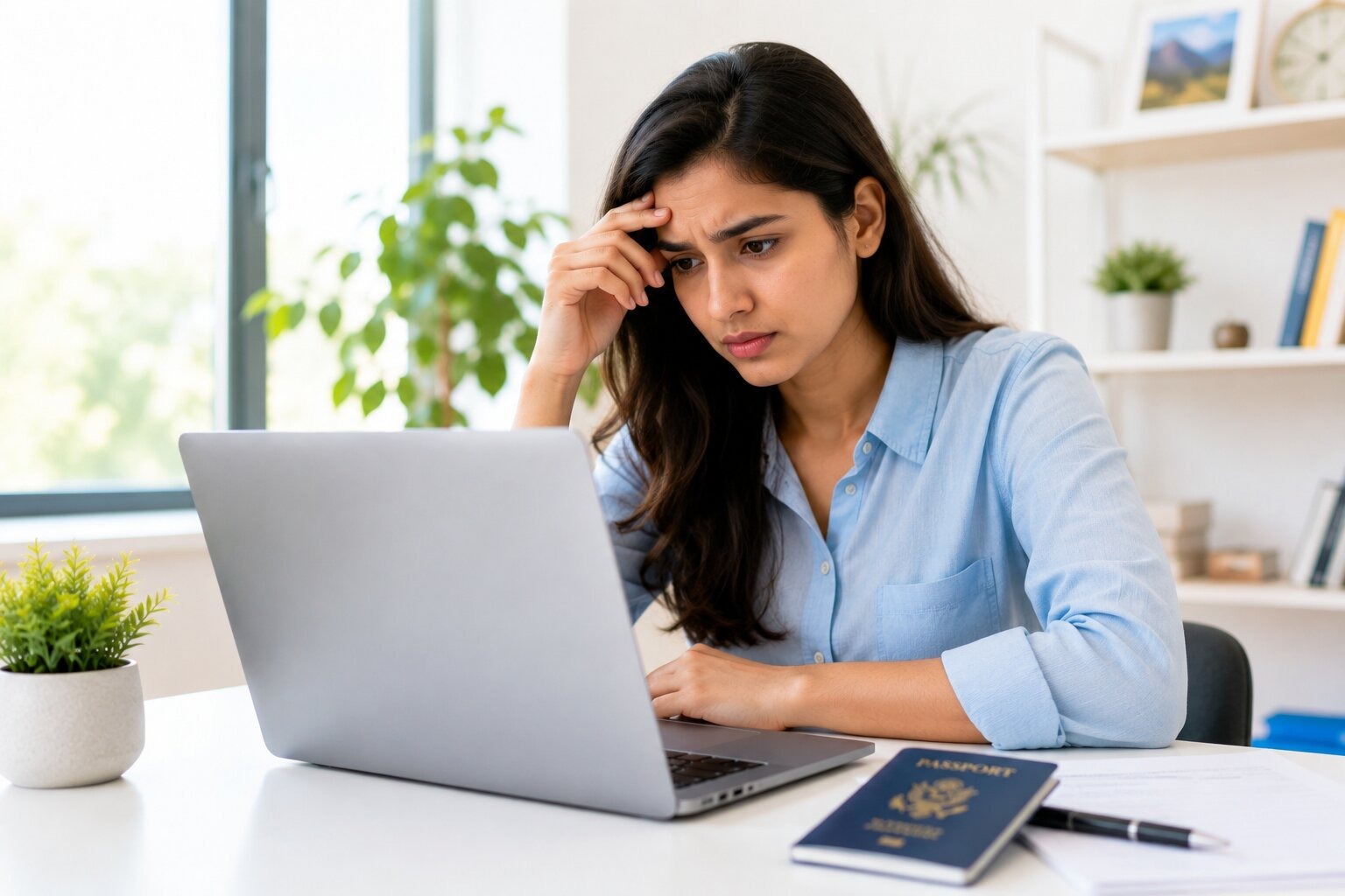 Woman Reading Visa Rejection Reason On Laptop